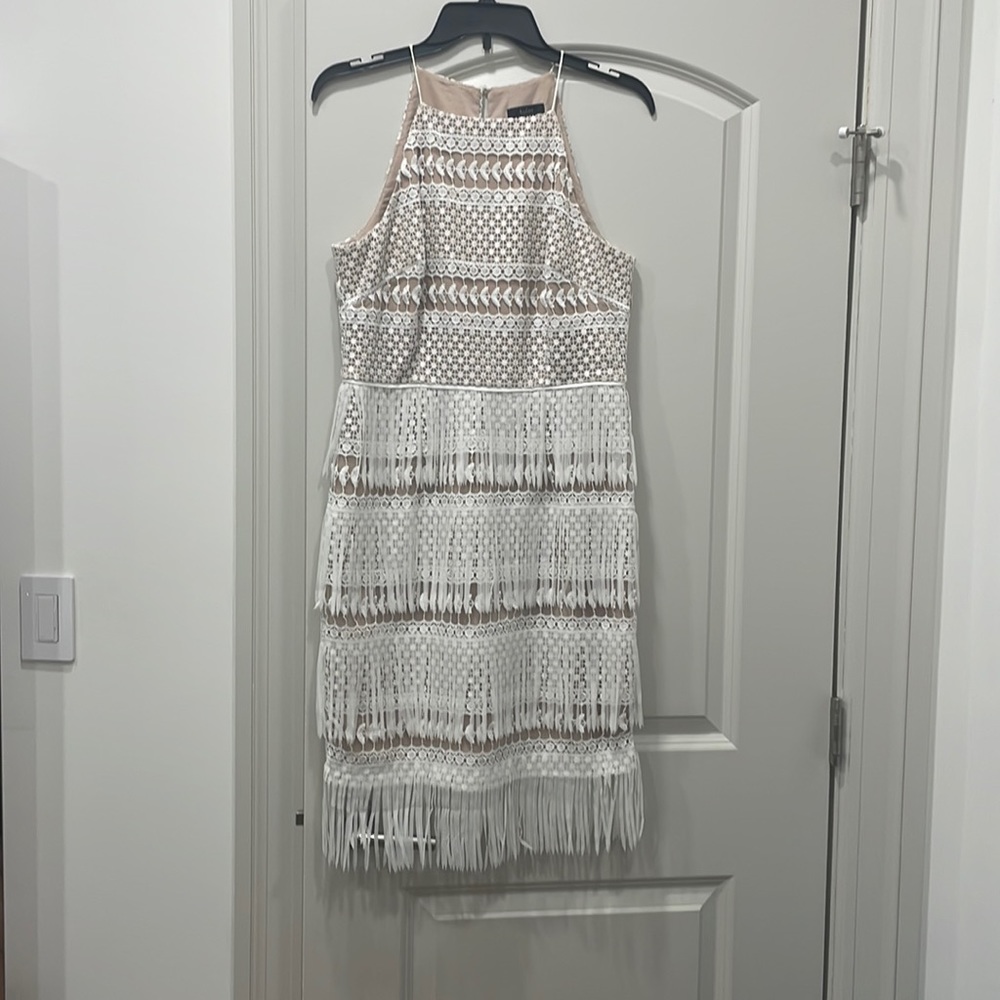 Aidan Mattox lace and fringe white dress - bridal shower